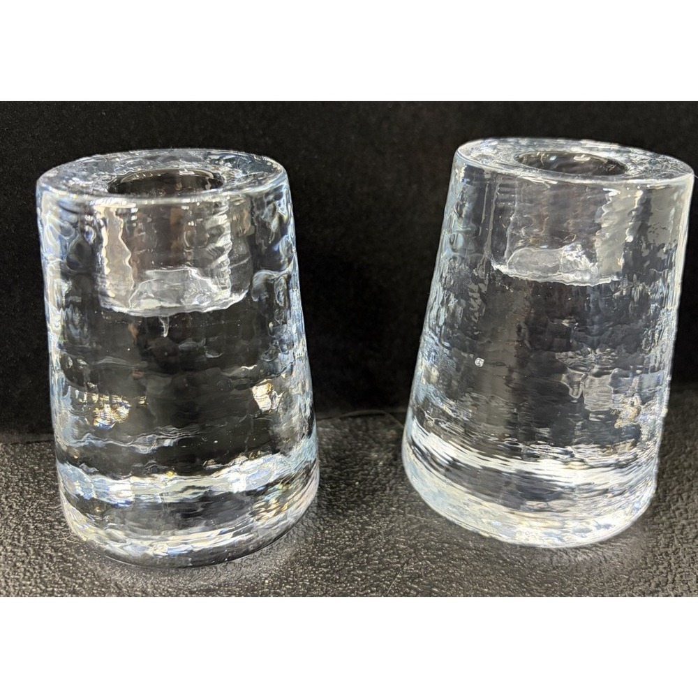 Vintage Scandinavian Ice Glass Taper Candle Holders 3.5" Pair Hand Blown Glass